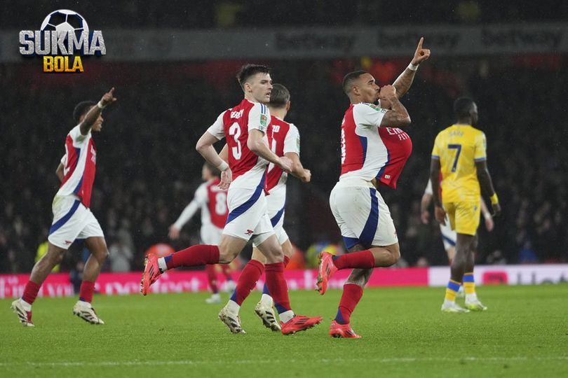 Penyerang Arsenal Gabriel Jesus merayakan golnya di laga lawan Crystal Palace, Kamis